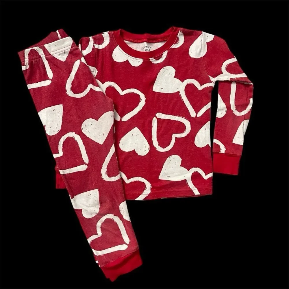 Carter’s Girl’s 2-Piece Red Valentine’s Day Hearts Snug Fit Cotton Pajamas Sz 5